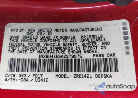 2010 Toyota Corolla S из США, поврежденный, VIN 1NXBU4EE5AZ379575